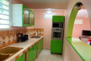 eine Küche mit grünen Schränken und einem grünen Kühlschrank in der Unterkunft Appartement cosy à Ducos + Terrasse in Ducos