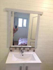 una persona que toma una foto de un lavabo en un baño en Bungalow d'une chambre avec jardin a Hell Bourg en Hell-Bourg