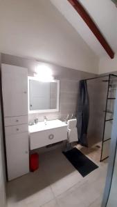 y baño con lavabo blanco y espejo. en Appartement de 2 chambres avec piscine partagee balcon amenage et wifi a Sainte Anne a 6 km de la plage, en Le Moule