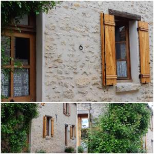 2 fotos de un edificio de piedra con ventanas de madera en Maison de 2 chambres avec wifi a Chalo Saint Mars, en Châlo-Saint-Mars