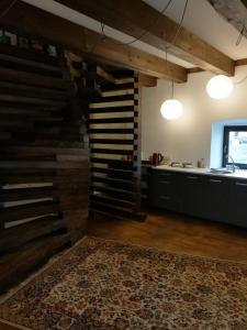 a living room with a wooden wall and a rug at Statek "Two brooms", Apartment in Mírkovice