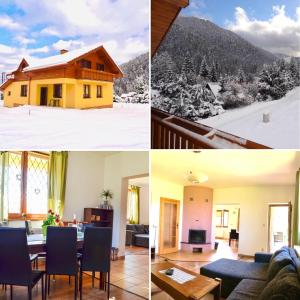four different views of a house in the snow at Chata Ski Chopok in Demanovska Dolina