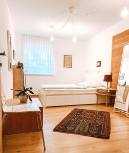 a bedroom with a bed and a rug on the floor at Exquisites Übernachten in der ältesten Stadt Österreichs in Enns