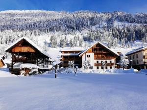 a group of chalets in the snow at Ferienhof Neusacher Moser in Weissensee