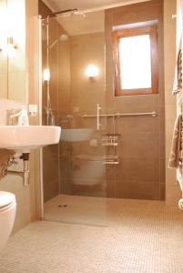 a bathroom with a shower and a sink and a toilet at Wo das Ruhrgebiet am schönsten ist in Hattingen