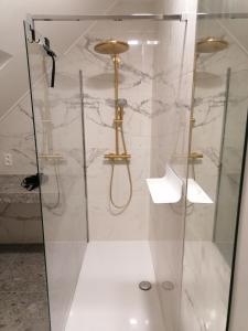 La salle de bains est pourvue d'une douche avec une porte en verre. dans l'établissement appartement deluxe Orly 2, à Ostende