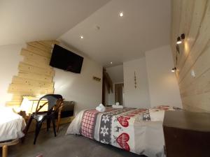 a bedroom with a bed and a tv on the wall at Auberge Le Vieux Chaillol in Saint-Michel-de-Chaillol