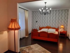 ラドムにあるFantazja - Restauracja i Noclegiのベッドルーム(赤いベッド1台、ランプ付)