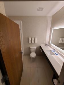 a bathroom with a toilet and a sink and a mirror at Holiday Inn Express Hotel & Suites Sheldon, an IHG Hotel in Sheldon