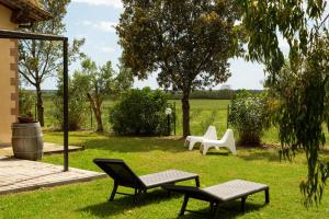 un patio con 2 sillas, una mesa y una silla blanca en Le Pettegole del Boschetto, en Castiglione della Pescaia