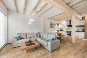 ein Wohnzimmer mit Sofa und Tisch in der Unterkunft Housea Domy Wakacyjne in Jantar