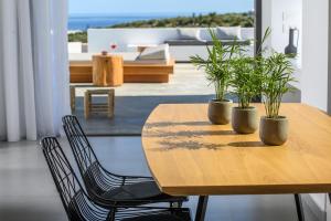 a wooden table with two potted plants on it at Cocoon Luxury Villas in Hersonissos