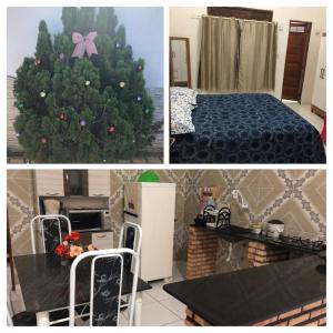 a christmas tree in a kitchen and a bedroom at Chalés da Boneca in Icapuí