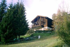a large wooden house on top of a field at Chalet BANULARA Platz für 14 Personen auf drei Etagen in Bellwald