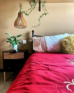 The Smart 27 في يورك: غرفة نوم مع سرير احمر مع نبات خزاف