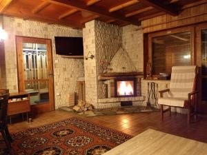 a living room with a fireplace and a chair at Chata Nika in Ružomberok