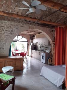 cocina grande y sala de estar con pared de piedra. en Gites du Mas Gibert à SAUSSINES entre Nimes et Montpellier, en Saussines