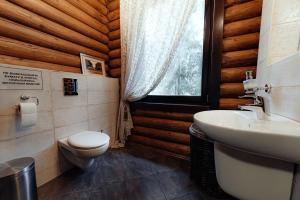 a bathroom with a toilet and a sink and a window at Chalet MelodiyaGir in Pilipets