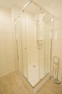 a shower with a glass enclosure in a bathroom at Mainzimmer - Business Apartments in Hasloch