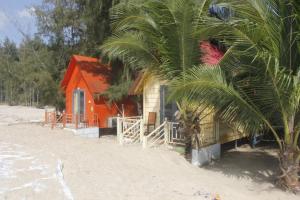 羅夷的住宿－寶安日落海灘度假村，棕榈树旁海滩上的房子