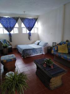 sala de estar con cama y sofá en lindo apartamento en Guatemala