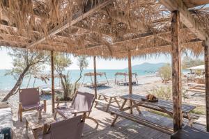 a beach with chairs and umbrellas and the ocean at Althea Beachside Apartments in Potokáki