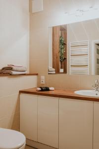 łazienka z toaletą i umywalką w obiekcie 14-nastka Nowe Orłowo Gdynia w mieście Gdynia