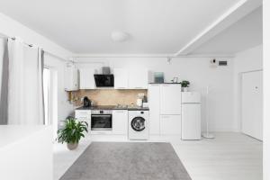 a white kitchen with white appliances and a rug at REEAS APARTAMENT 13 in Chişoda