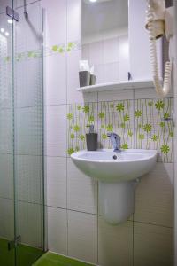 une salle de bain avec un lavabo et une douche en verre dans l'établissement Brassai Square, à Braşov
