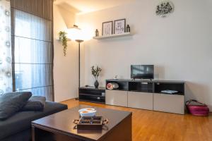 - un salon avec un canapé et une télévision dans l'établissement Rododendro - Ciclovia Alpe Adria APT with Terrace, à Tarvisio