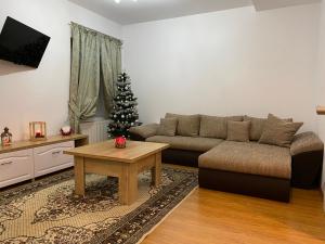 a living room with a couch and a christmas tree at Tampa Hill Residence in Braşov