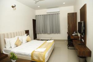 Habitación de hotel con cama y TV en Hotel Manas Plus, en Khandwa