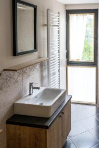 uma casa de banho com um lavatório branco e uma janela em Country House Selo em Pluzine