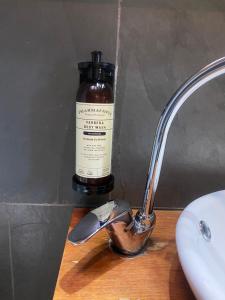 a bathroom sink with a bottle of soap and a brush at Hotel Costanera Pucón in Pucón +42 photos