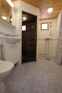 ein Bad mit einem Waschbecken, einem WC und einer Dusche in der Unterkunft Metsätuuli 5 in Kalajoki