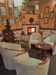 
a living room filled with furniture and a christmas tree at Garni Hotel Lav in Belgrade
