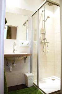 uma casa de banho com um chuveiro, um WC e um lavatório. em Gasthof Schmölz em Sankt Christophen