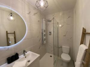 La salle de bains est pourvue d'une douche, de toilettes et d'un lavabo. dans l'établissement Espace Cocooning, à Chamalières