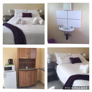 four pictures of a bedroom with a bed and a sink at The Golden Rule Self Catering & Accommodation for guests in Keetmanshoop