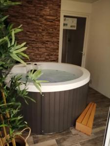 a jacuzzi tub in a room with plants at Villa bord de mer avec piscine et jacuzzi in Pénestin
