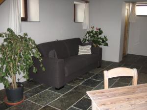 a living room with a couch and two potted plants at Le Fournil d Andrimont in Stoumont