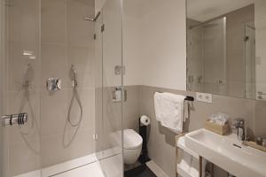 a bathroom with a shower and a toilet and a sink at Boutique Apartments Freiburg - Elsa in Freiburg im Breisgau