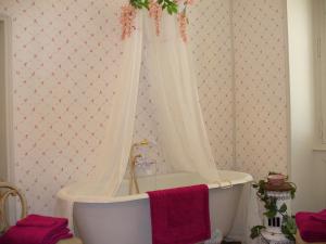 a bathroom with a tub with a shower curtain at Château des Lutz in Daon +14 photos