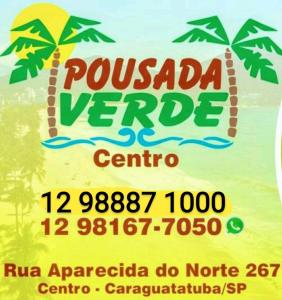 um cartaz para um resort com duas palmeiras em POUSADA VERDE em Caraguatatuba