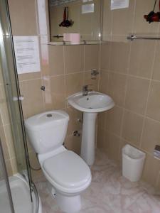 La salle de bains est pourvue de toilettes et d'un lavabo. dans l'établissement Yria Residencial, à Porto Novo