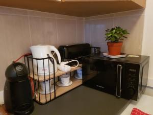 een keuken met een magnetron en een koffiezetapparaat bij Très sympa appartement à cote de la gare in Persan