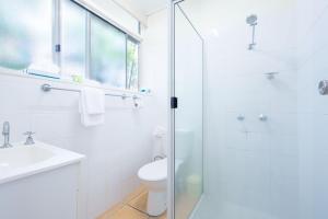 a bathroom with a shower and a toilet and a sink at Motel Ingham in Ingham