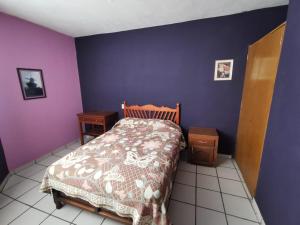 ein Schlafzimmer mit einem Bett und einer lila Wand in der Unterkunft Hotel Posadas Ocampo By Rotamundos in Salvatierra