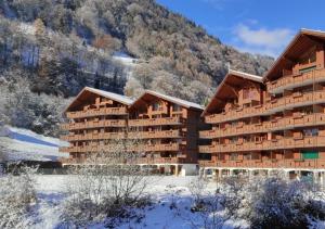 a hotel in the snow with a mountain in the background at Aparthotel Mountain River Resort in Val-d'Illiez