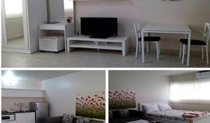 Family Room Dmk Don mueang Airport 2 bedrooms في Ban Bang Phang: صورتين لغرفة معيشة وغرفة مع تلفزيون